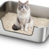 Qiuma Stainless Steel Cat Litter Box with Low Entry, Large Metal Kitty Litter Box for Senior or Injured Cats, Odor-Free, Non-Stick, Easy to Clean, 23.4"x15.6"x7.8", for Multiple Cats