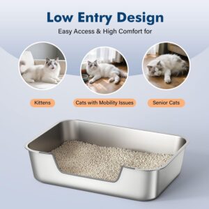 Alternative view of Qiuma Stainless Steel Cat Litter Box with Low Entry, Large Metal Kitty Litter Box for Senior or Injured Cats, Odor-Free, Non-Stick, Easy to Clean, 23.4"x15.6"x7.8", for Multiple Cats