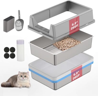 TIUUBT Stainless Steel Sifting Litter Box for Pine Pellets, 23.6" x 15.7" x 11.8" Large Sifting Cat Litter Box with Sifter, High Side for Big Cats, Anti-Leakage, Odor Control, Includes Scooper