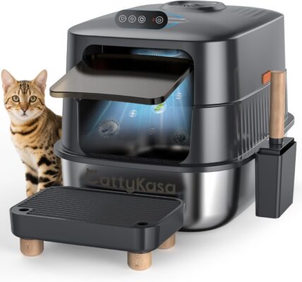 Stainless Steel Litter Box XL Extra Large with Smart Odor Control, 3-in-1 Enclosed High Sided Litter Box with High Lid for Big Cats Infrared Sensor Non-Sticky Anti-Leakage with Scoop Filter Pedal